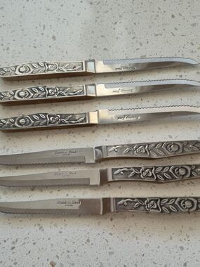 Vintage Set of 6 Japanese Steak Knives - Rose Motif & Wood Handle